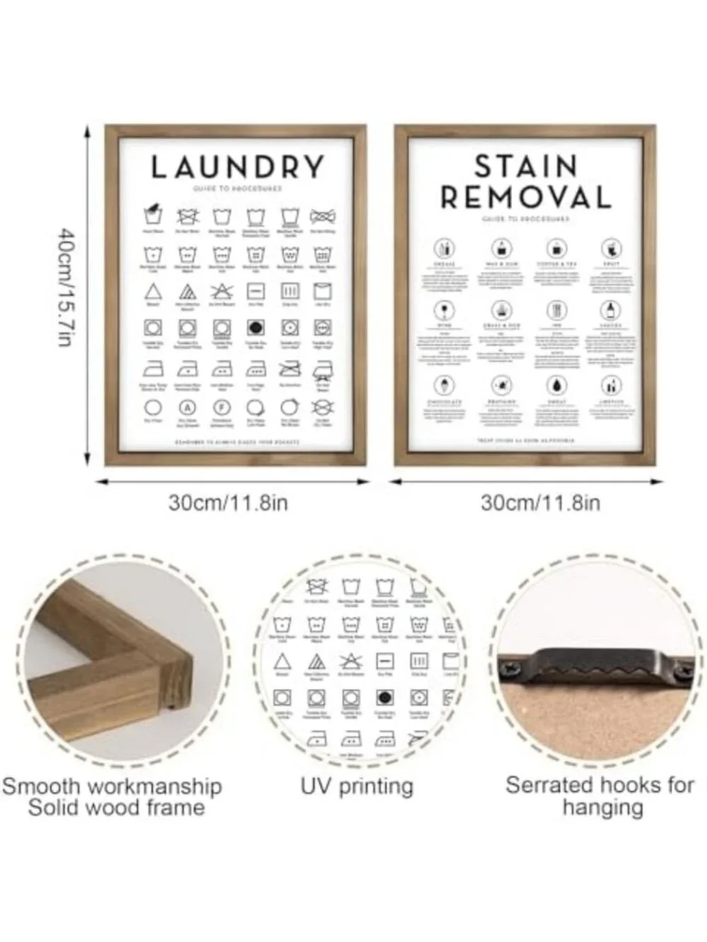 Rustic 2-Piece Laundry Room Wall Art Signs - Wooden Care Symbols & Stain Guide